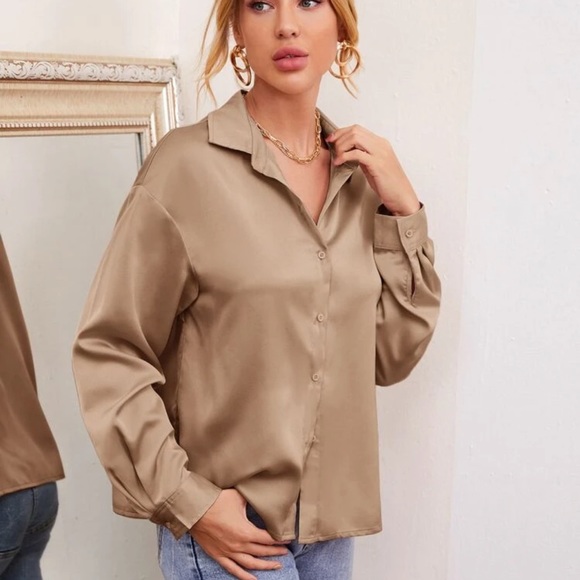 Satin silky button up blouse oversized dusty pink - Picture 4 of 7